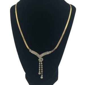 Gold Tone Necklace Herringbone Lariat Rhinestone Statement Fringe